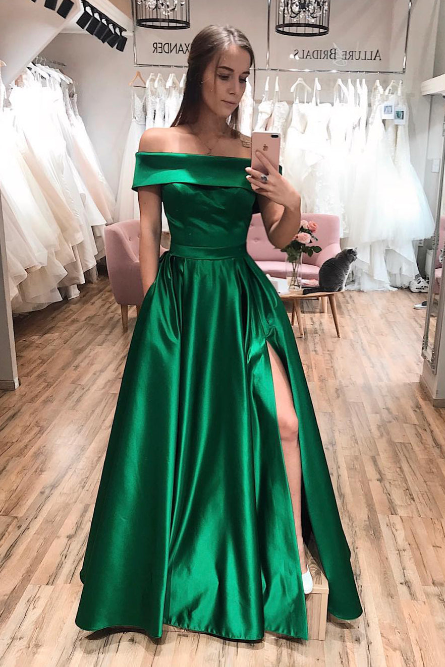 Off Shoulder Emerald Green Long Prom Dress with Side Slit – FancyVestido
