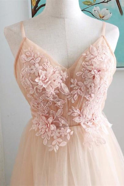 Pink Tulle Lace A-line Spaghetti Straps Prom Dresses SP745