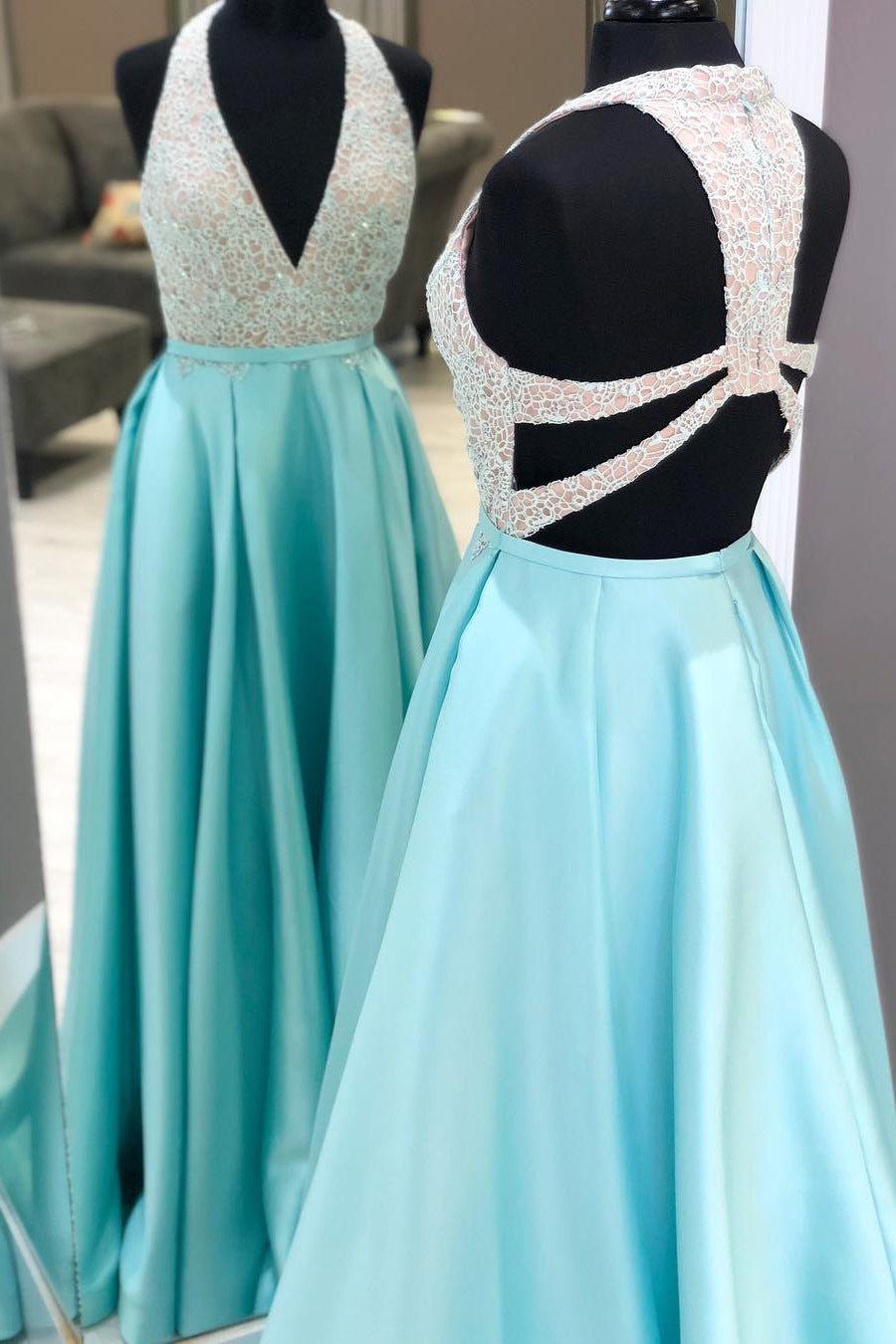 Plunging Neck Long Beading Ice Blue Prom Dress – FancyVestido