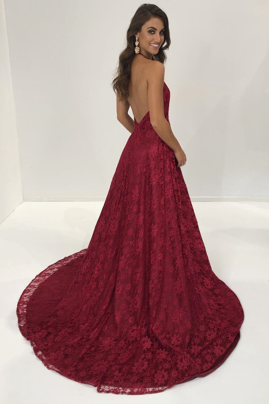 Sexy Deep V Neck Wine Red Lace Long Evening Dress Fancyvestido