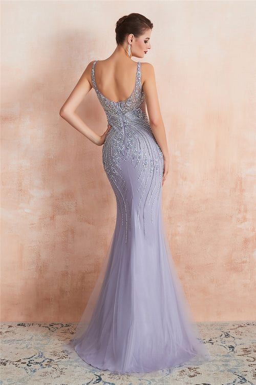 Silver Beading Illusion Long Sleeve Mermaid Dress - Promfy