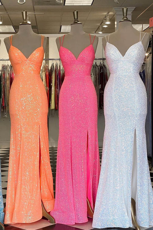 Glitter Straps Hot Pink Sequins Prom Gown with Slit