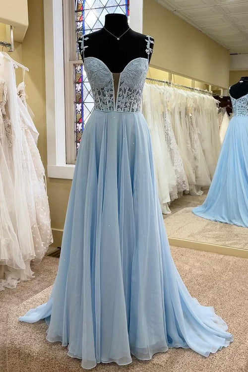 Sweetheart Blue Corset Pleated Long Prom Dress