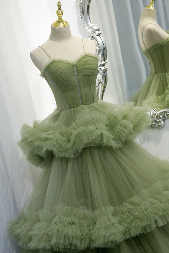 Elegant Straps Pleated Green Tiered Tulle Formal Dress – FancyVestido