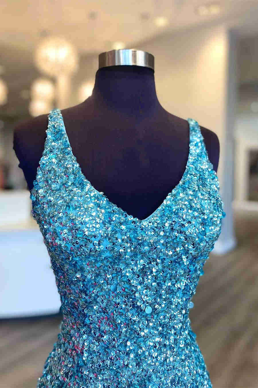 Glitter V-Neck Tiffany Blue Mermaid Prom Dreess – FancyVestido