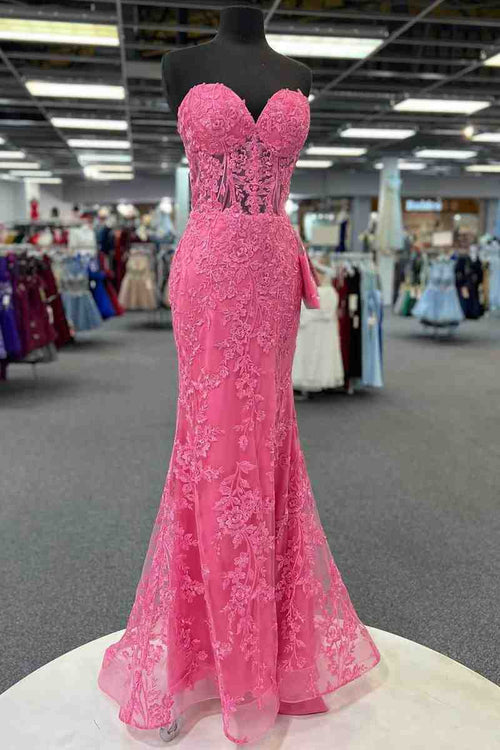 2024 Hot Pink Corset Long Prom Dresses Ruffle Sweetheart Lace Chiffon –  MyChicDress