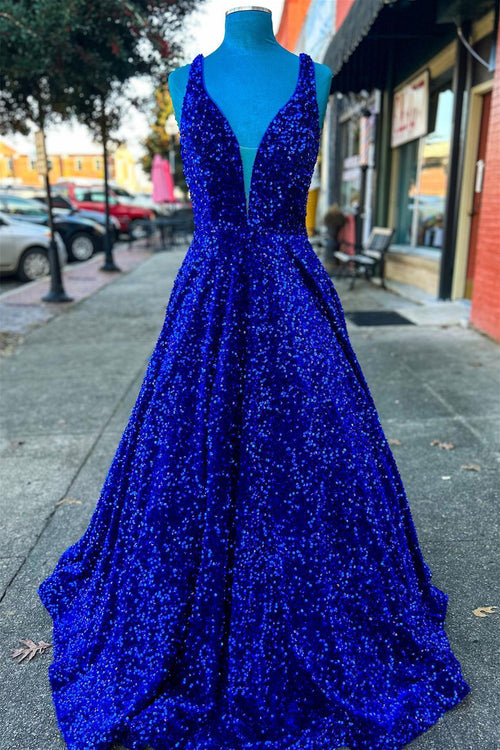 Bedazzled Royal Blue Sequin Simple Long Prom Dress - VQ