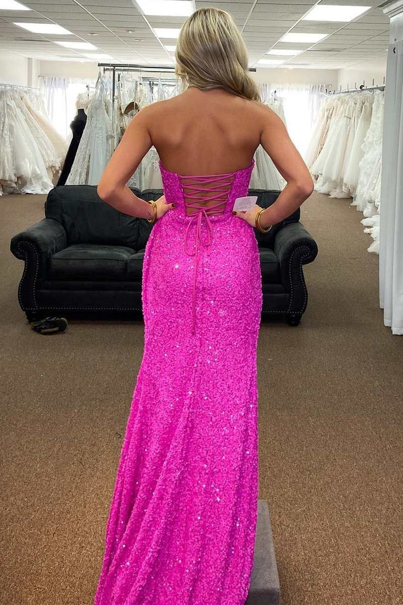 Fuchsia Mermaid Strapless Sequins Lace-Up Long Prom Dress with Slit#N ...