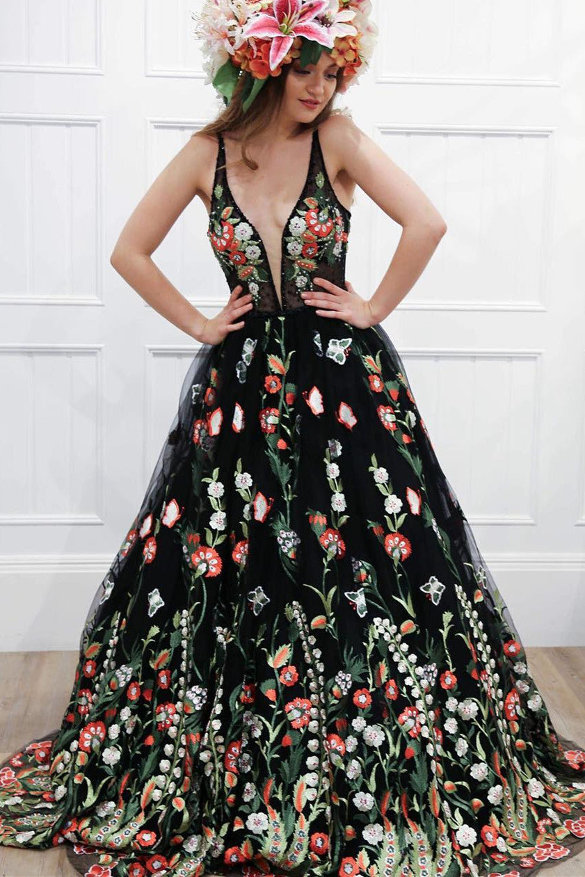 floral embroidered formal dress