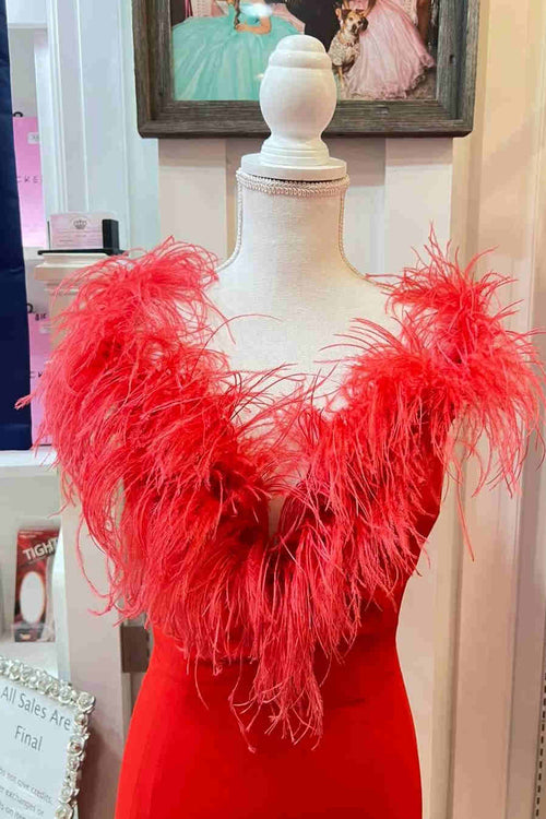 Red Feathers One Shoulder Open Fork Elegant Dress - Power Day Sale