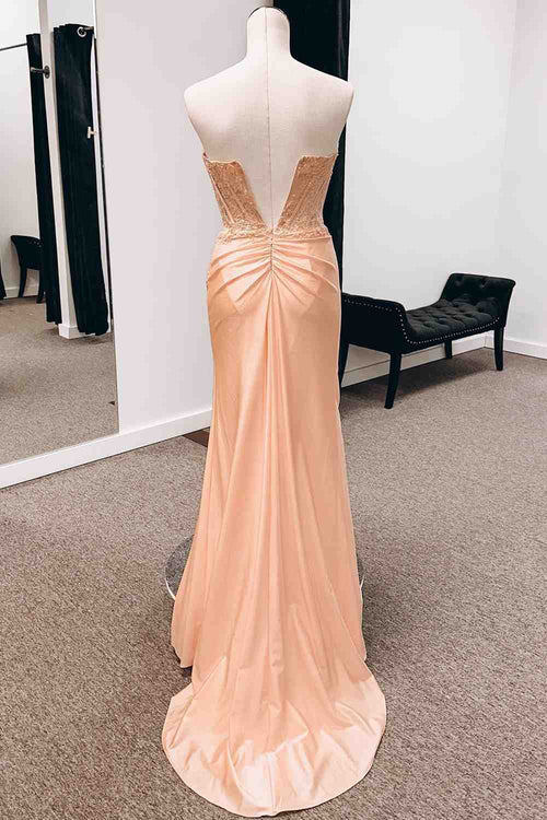 Peach Sweetheart Sheer Lace Corset Mermaid Prom Dress – FancyVestido