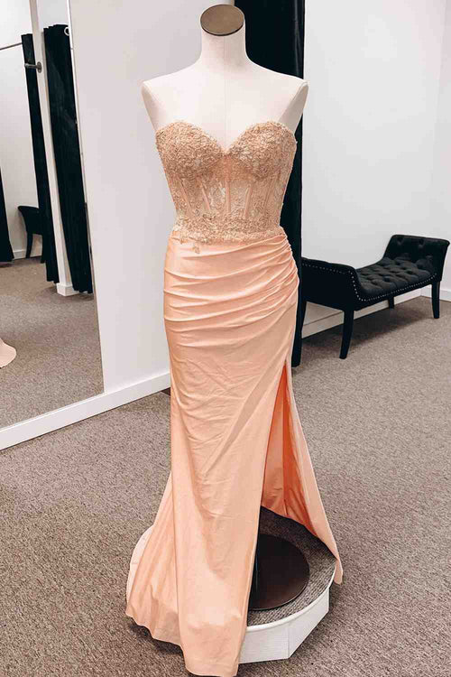 Peach Sweetheart Sheer Lace Corset Mermaid Prom Dress – FancyVestido
