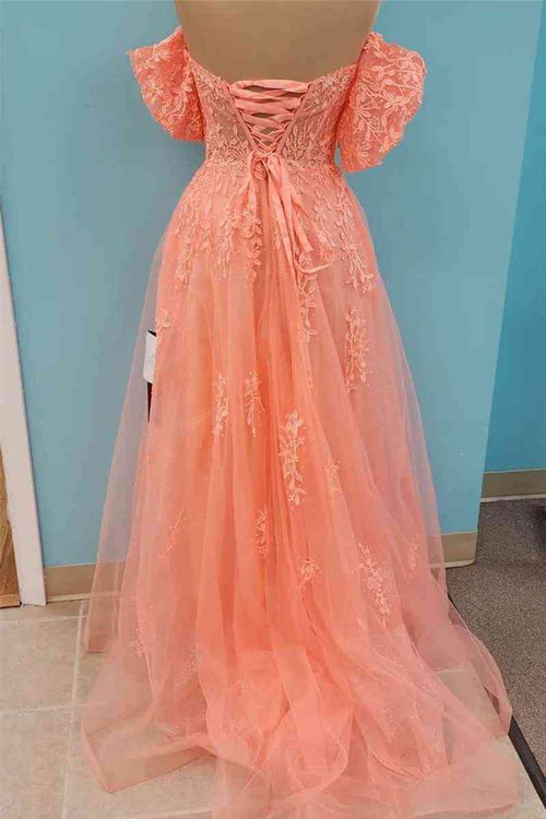 Marigold Coral Pink A-Line V-Neck Long Tulle Prom Dress with Appliques