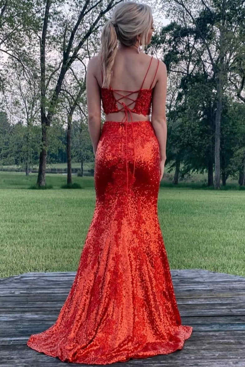 Spaghetti Straps Two Piece Red Sequins Prom Dress with Slit – FancyVestido