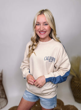 Two Tone Embroidered California Blue and Cream Oversized Pullover