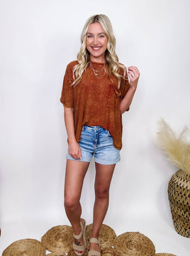 Rust Acid Washed Ribbed Short Sleeve Top