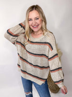 Taupe, Black, Rose Striped Sweater Lightweight Side Slits Wrist Details Oversized Fit 50% Cotton, 25% Acrylic, 25% Nylon