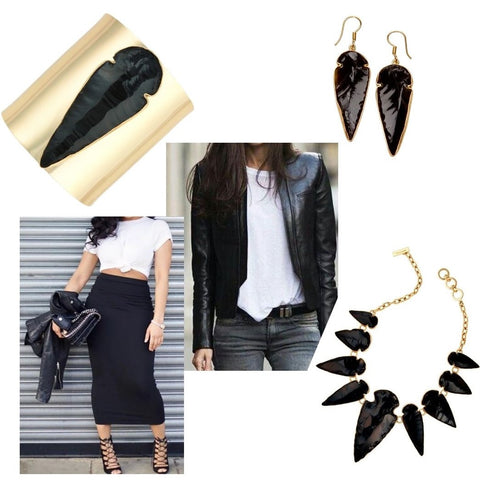 Black jewelry and white t-shirt accompanied with leather clothing