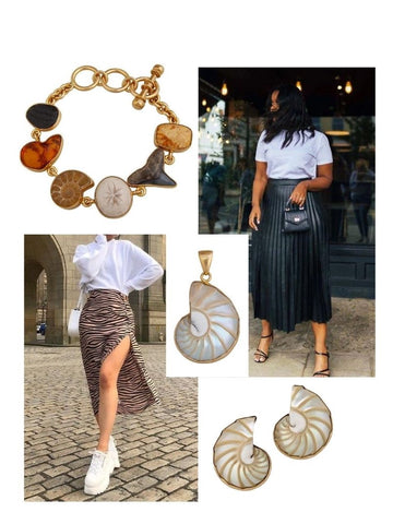 Seashell jewelry with white t-shirt and pencil skirts