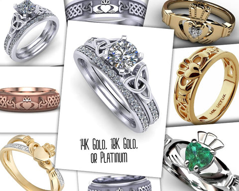 Collage image of Claddagh Ring Designs in Gold and Platinum