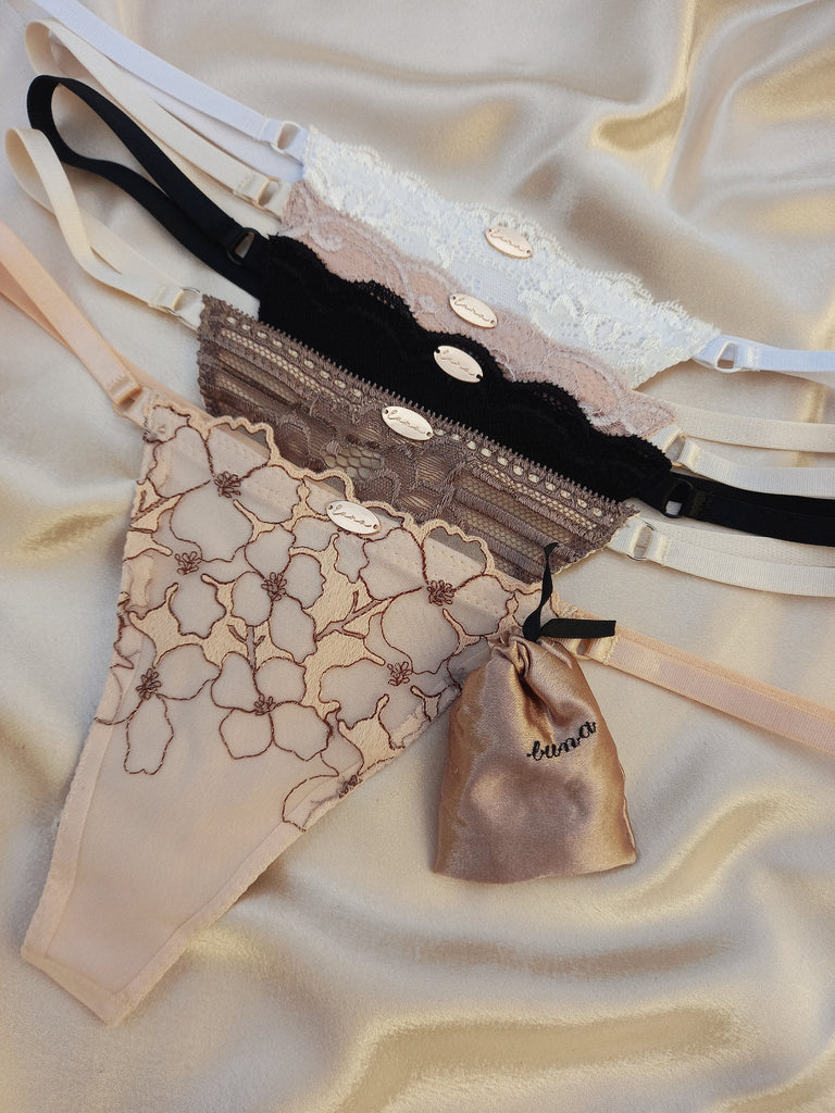 Lace thong with double straps - ecru - Undiz
