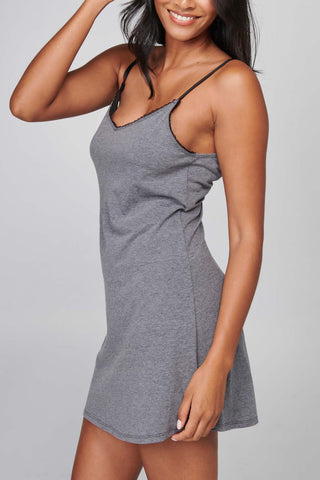 Model wearing the Comfort-Stretch Cotton Slip in Heather Grey from LoveSuze. A high-stretch cotton slip designed for pure comfort.