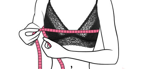 Sketch of female silhouette measuring bust across the nipple line with pink measuring tape.