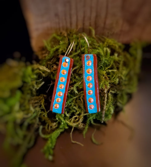 Hand Stamped and Painted Bar Earrings with Turquoise and Copper by Selena Doolittle McColley - Jewelry