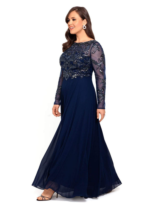 xscape long sleeve beaded gown