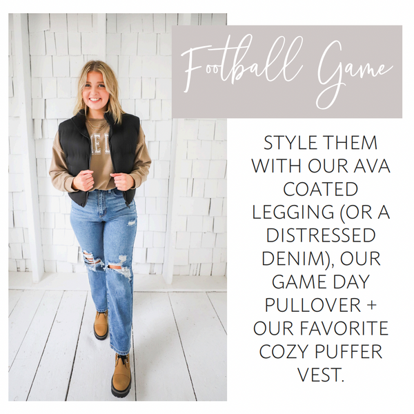 fall outfit with game day pullover, cropped black puffer vest, distressed denim, sorel boots