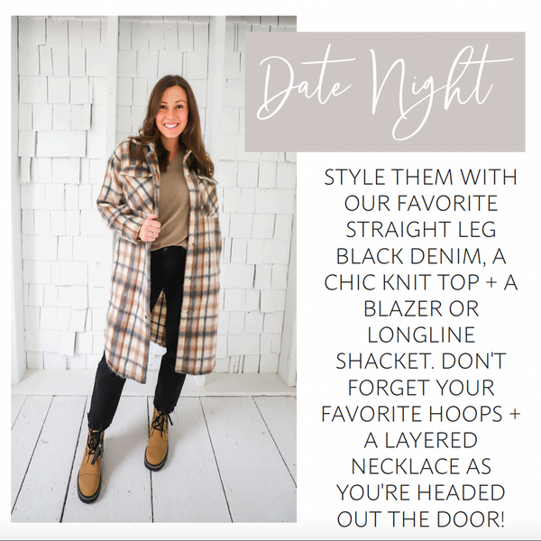 fall outfit with long plaid shacket, knit sweater tee, black straight leg denim, sorel boot