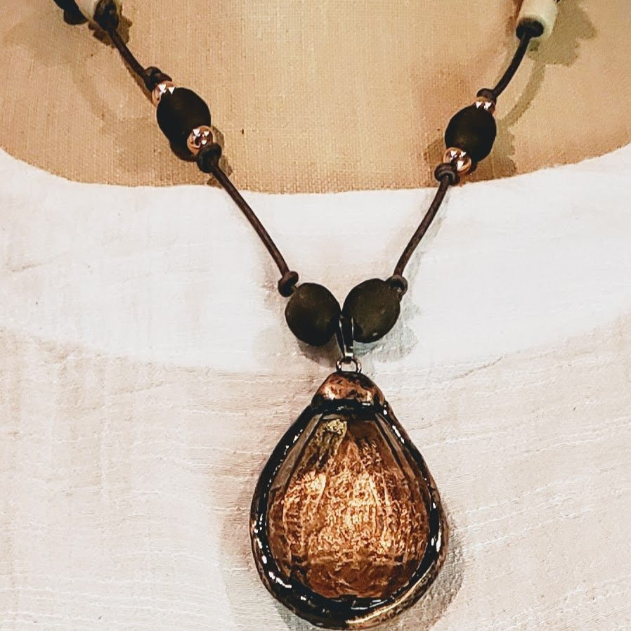 Dark Gray Beach Glass Necklace With Crystal Pendant