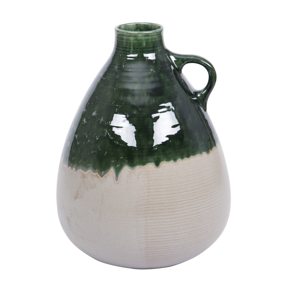 vase en terre avec anse - bi teinte - émaillé vert et mat beige - 33 cm - Table Passion