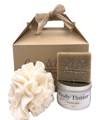 shower gift set with bamboo bath puff, rosemary mint & matcha soap bar and large vanilla mint body butter