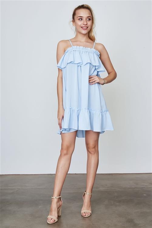 light blue off the shoulder ruffle dress