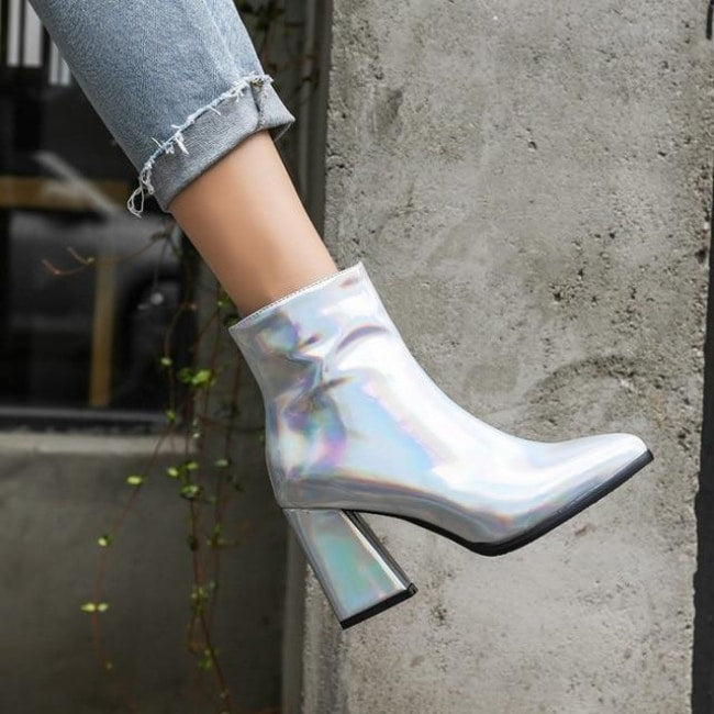 silver high heel ankle boots