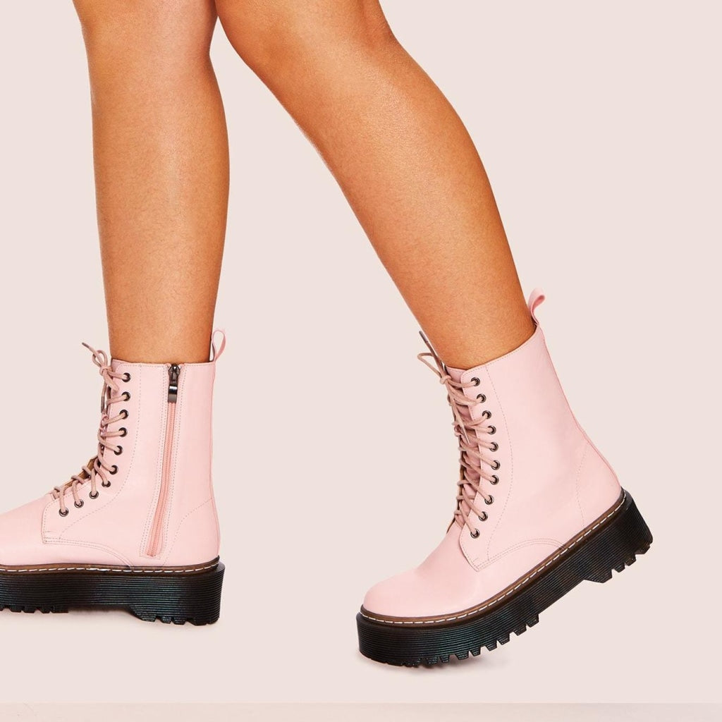 pastel pink lace-up platform combat boots