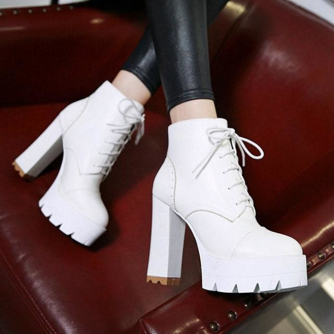 white lace up high heel boots