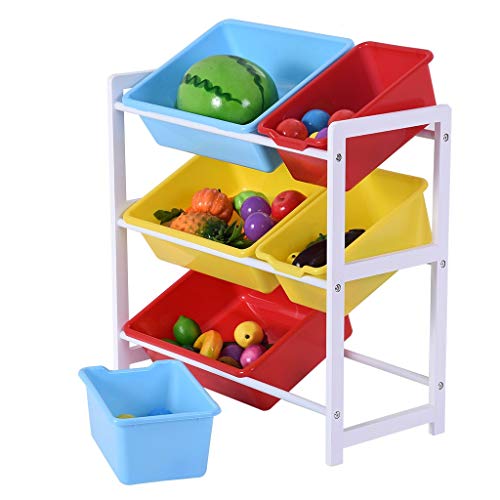 wooden toy storage with plastic bins