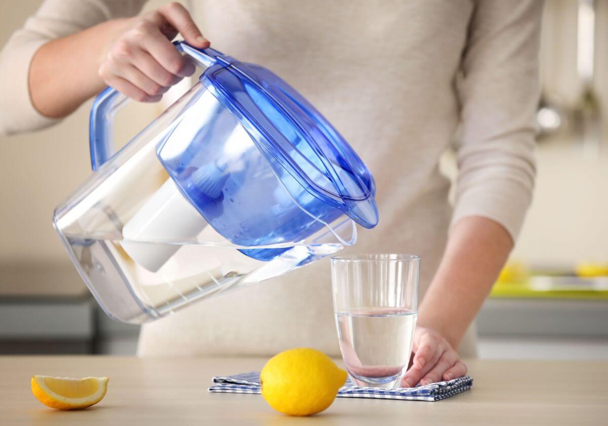 a blue water filter pitcher