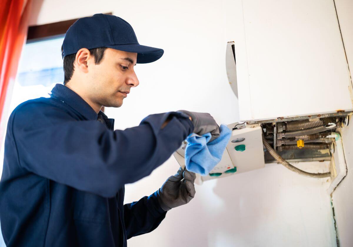 a maintenance worker repairing an appliance