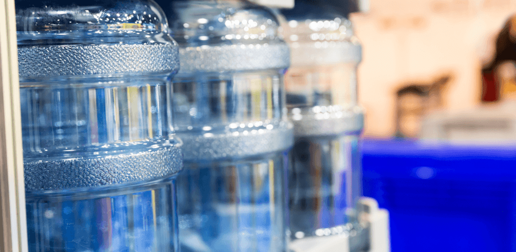 bottled water on a display stand