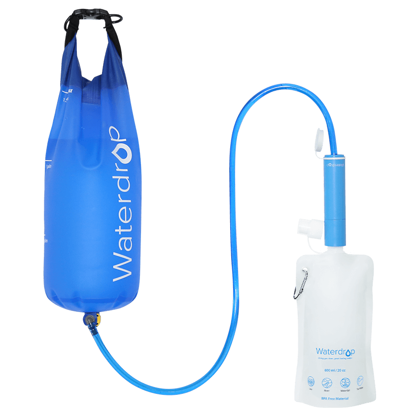 Paille filtrante avec bouteille d'eau pliable et sac à eau par gravité