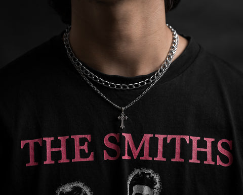 model with french cross necklace wearing the smiths t shirt