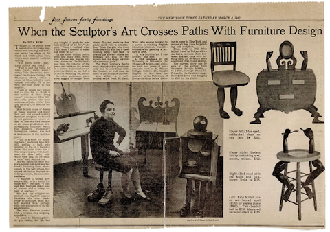 A newspaper clipping of an article about Kate Millett's artist designed furniture.