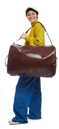 model sporting the Go-Bag — Big in the color Deep Mahogany