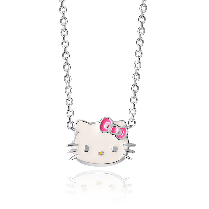 Hello Kitty By Sanrio Hello Kitty Face Red Bow Licensed Enamel Fine Silver  Plated Pendant Necklace