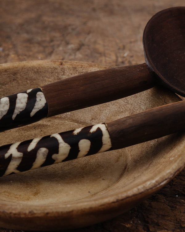 African Carved Wood and Bone Salad Tong Set