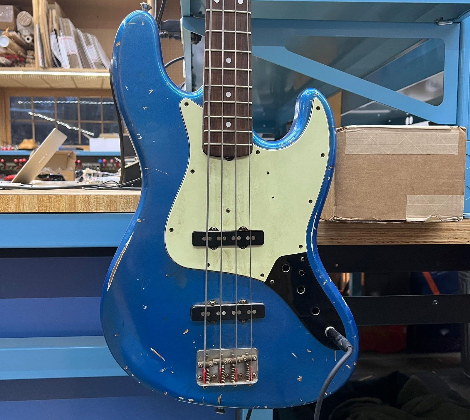 A Jazz Bass used for testing preamps at the Fat Bass Tone Shop