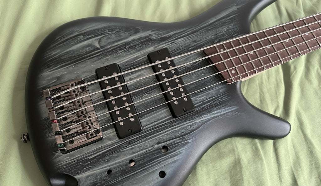 Photo of an Ibanez 5 String Bass Guitar that has P2 Shaped pickups